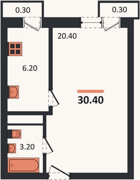 Планировка: 1-к, 30,4 м²