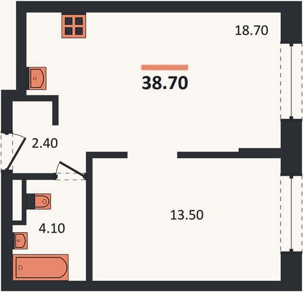Планировка: 1-к, 38,7 м²