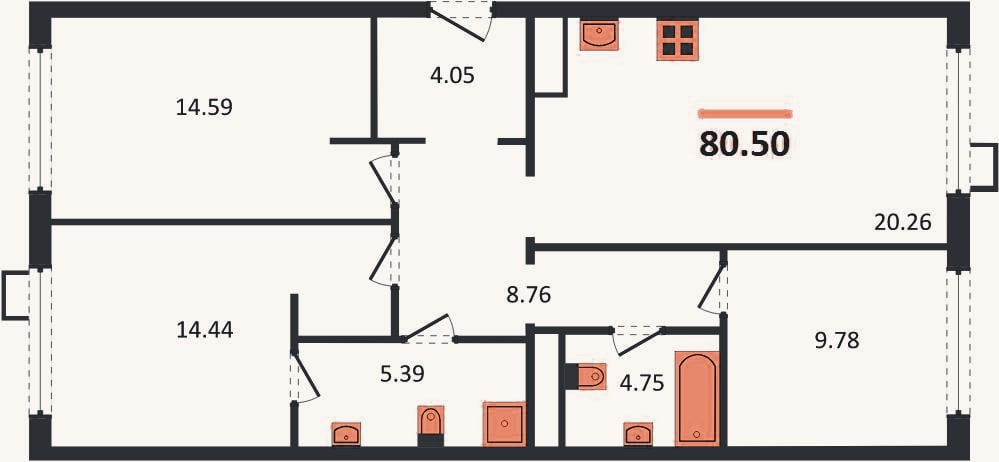 Планировка: 3-к, 80,4 м²