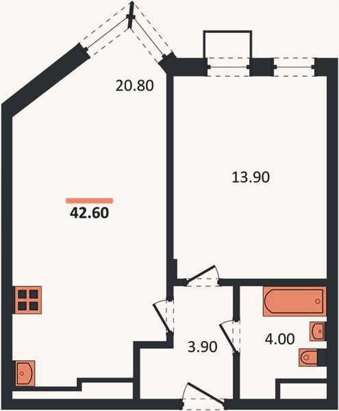 Планировка: 1-к, 42,6 м²