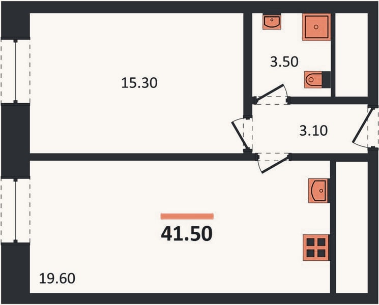 Планировка: 1-к, 41,5 м²