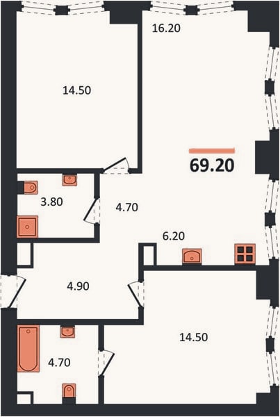 Планировка: 2-к, 69,2 м²