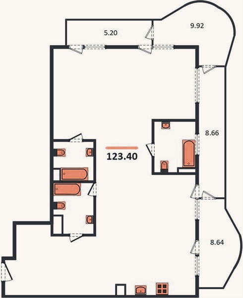 Планировка: 2-к, 123,4 м²