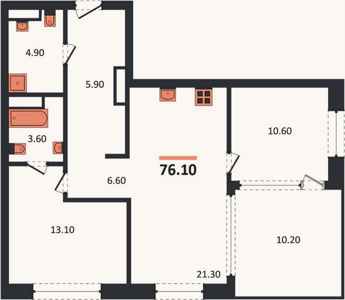 Планировка: 2-к, 76,1 м²