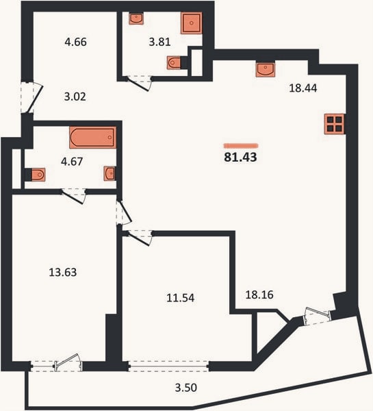 Планировка: 2-к, 81,4 м²