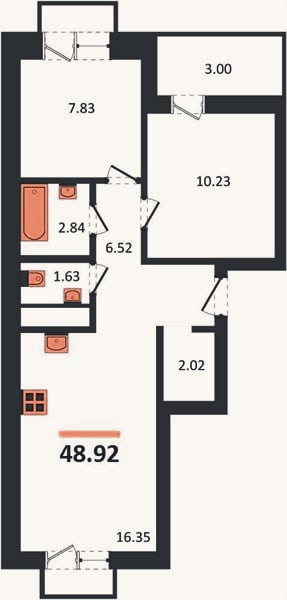 Планировка: 2-к, 48,9 м²