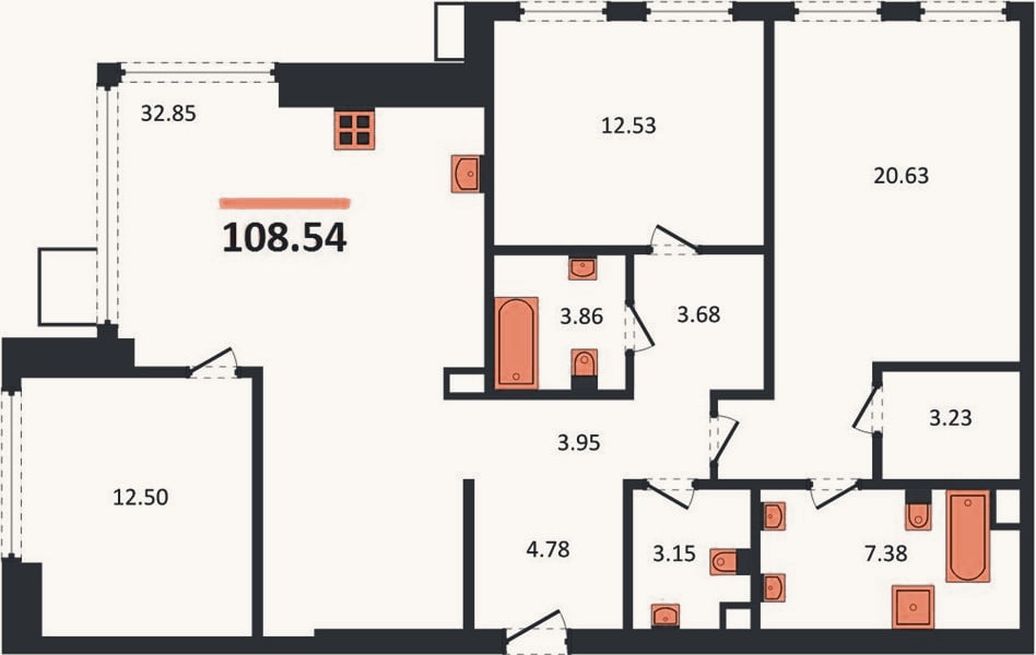 Планировка: 3-к, 108,5 м²