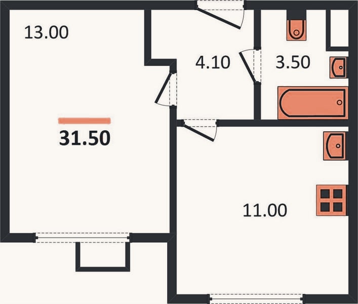 Планировка: 1-к, 31,5 м²