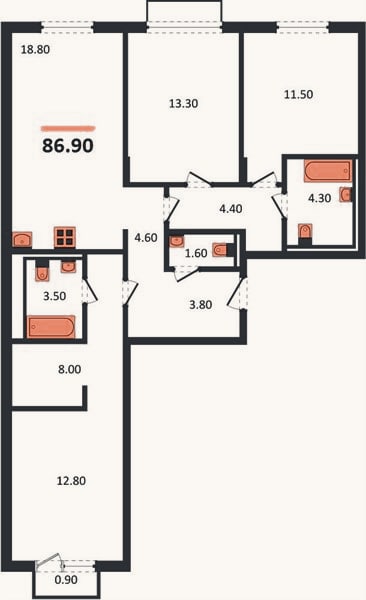 Планировка: 3-к, 86,9 м²