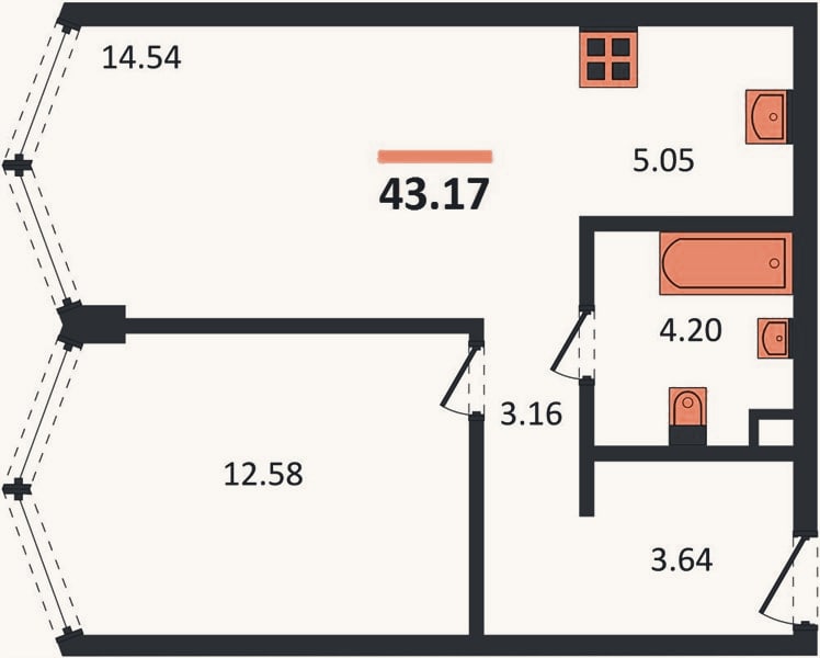 Планировка: 1-к, 43,2 м²