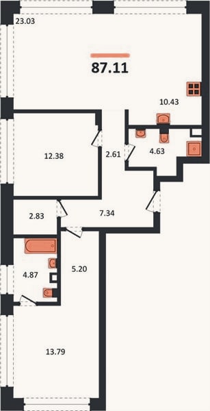 Планировка: 2-к, 87,1 м²