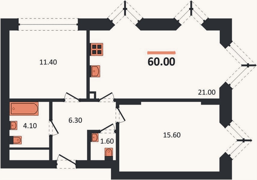 Планировка: 2-к, 60 м²