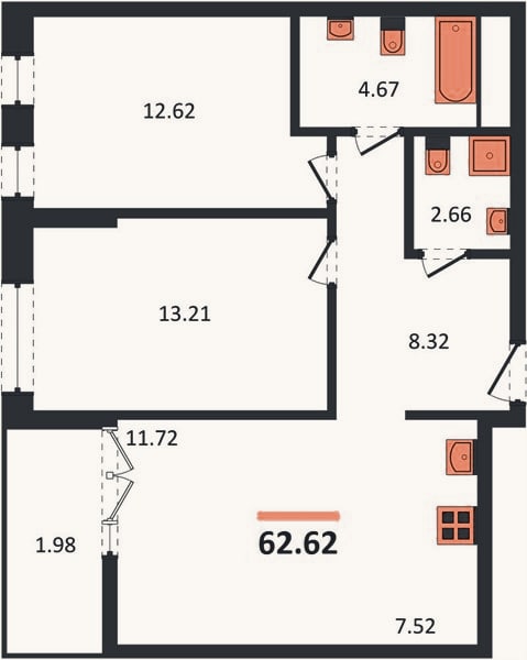 Планировка: 2-к, 62,6 м²
