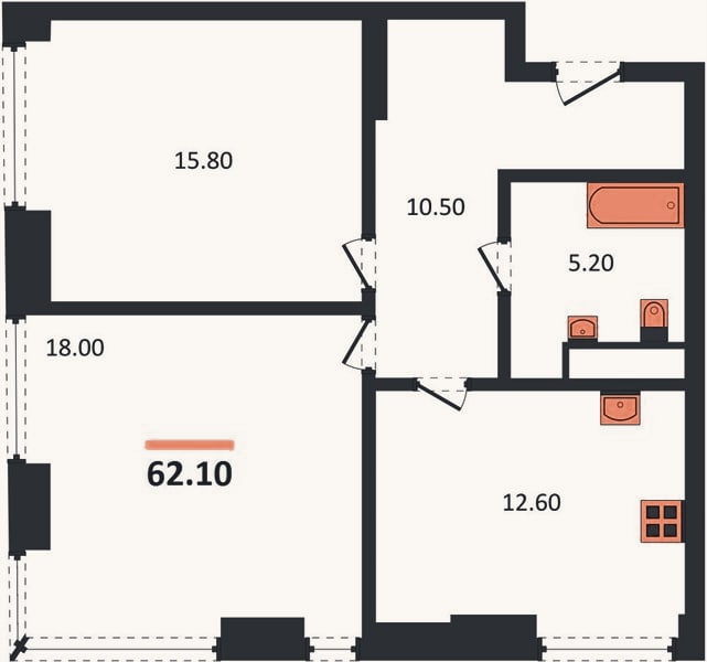 Планировка: 2-к, 62,1 м²