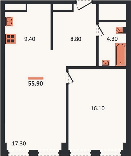 Планировка: 1-к, 55,9 м²