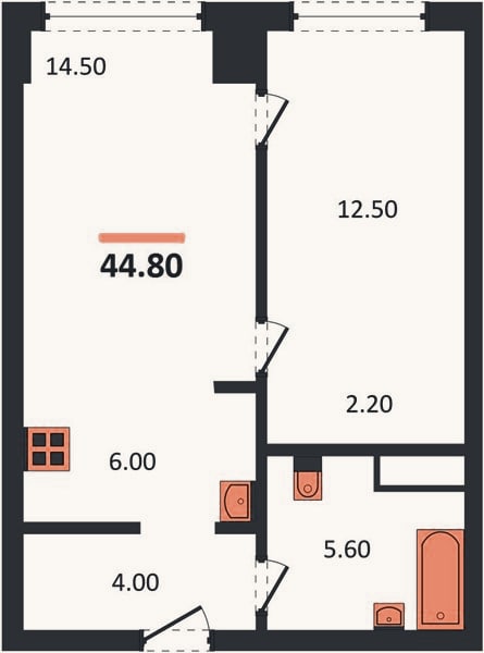 Планировка: 1-к, 44,8 м²