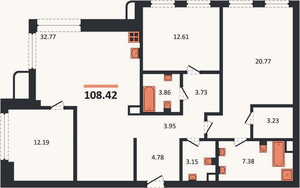 Планировка: 3-к, 108,4 м²