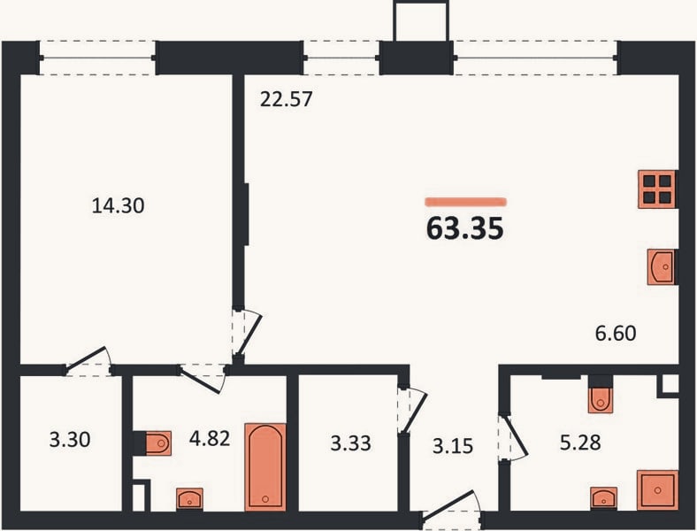Планировка: 1-к, 63,4 м²