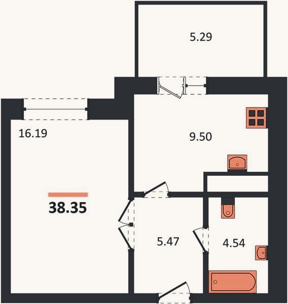 Планировка: 1-к, 38,4 м²