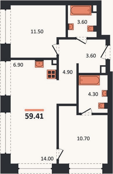 Планировка: 2-к, 59,4 м²