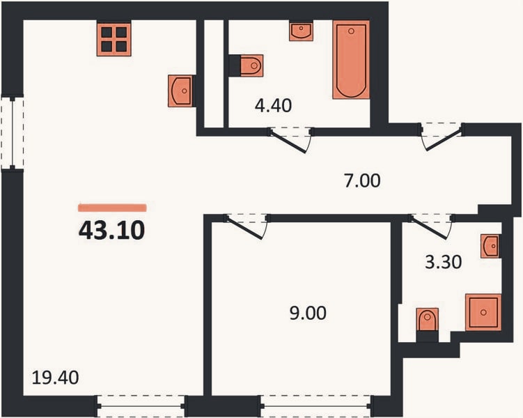Планировка: 1-к, 44 м²