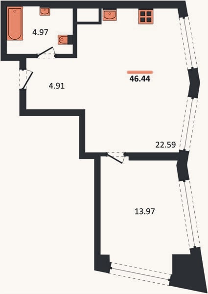Планировка: 1-к, 46,4 м²
