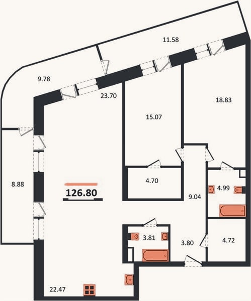 Планировка: 3-к, 126,8 м²