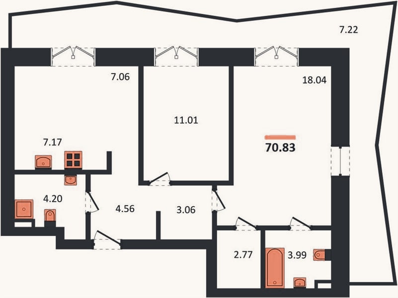 Планировка: 2-к, 70,8 м²