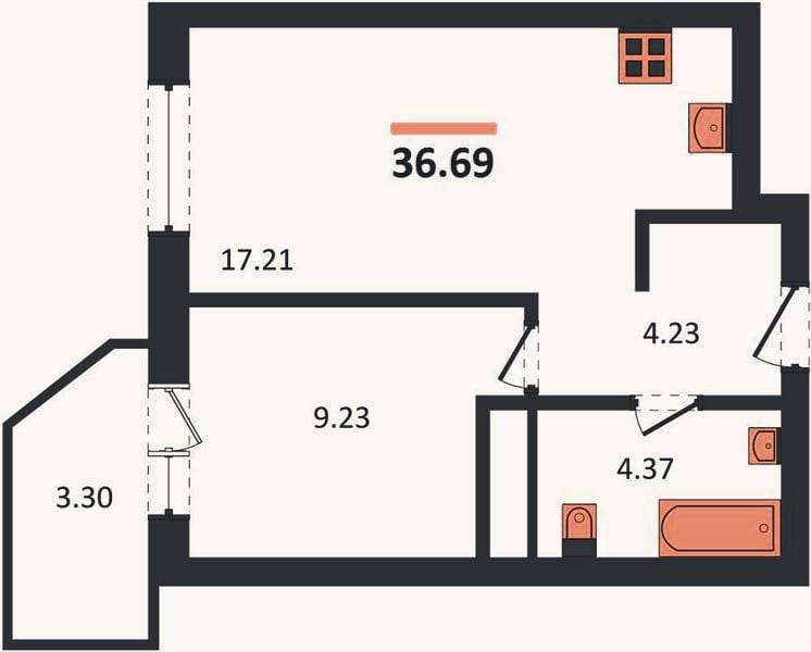Планировка: 1-к, 36,7 м²