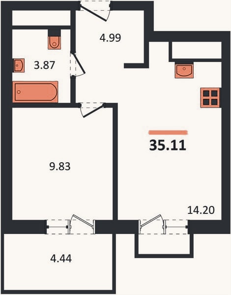 Планировка: 1-к, 35,1 м²
