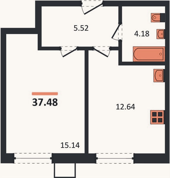 Планировка: 1-к, 37,5 м²