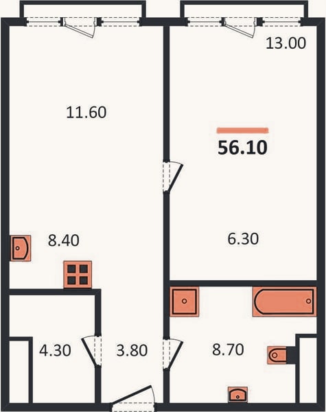 Планировка: 1-к, 56,1 м²