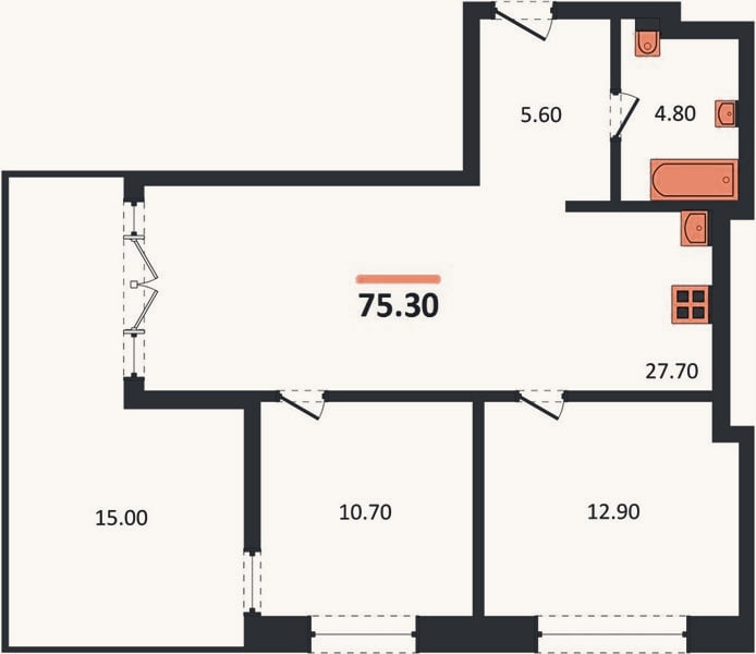 Планировка: 2-к, 75,3 м²