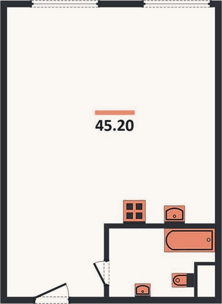 Планировка: 1-к, 45,1 м²