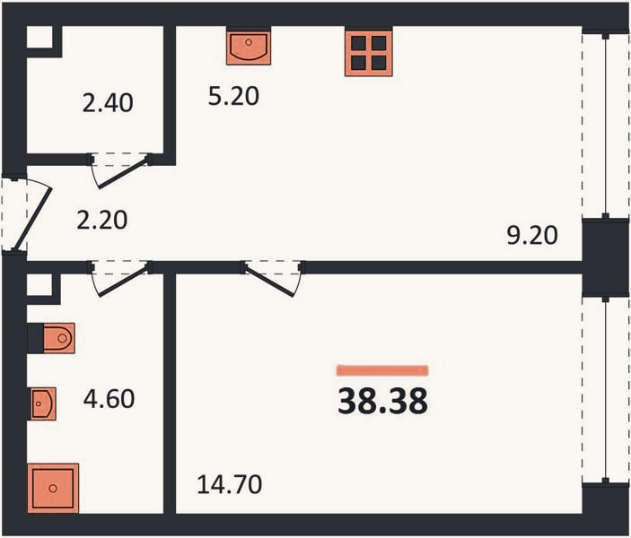 Планировка: 1-к, 38,4 м²