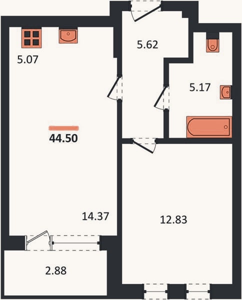 Планировка: 1-к, 44,5 м²