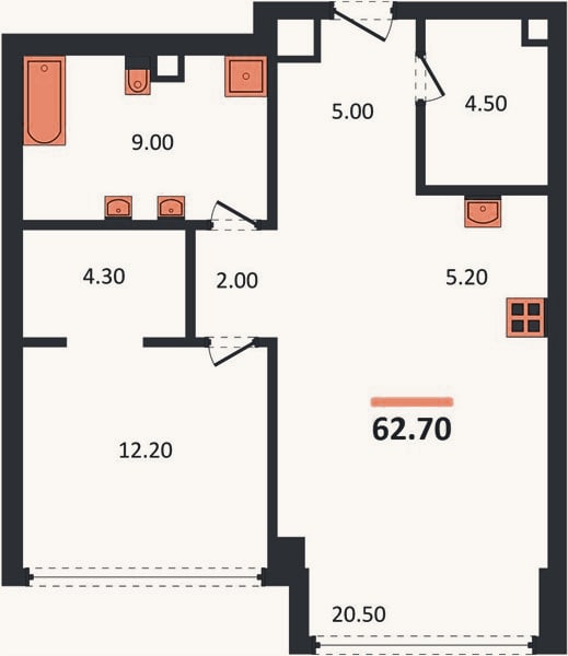 Планировка: 1-к, 62,7 м²