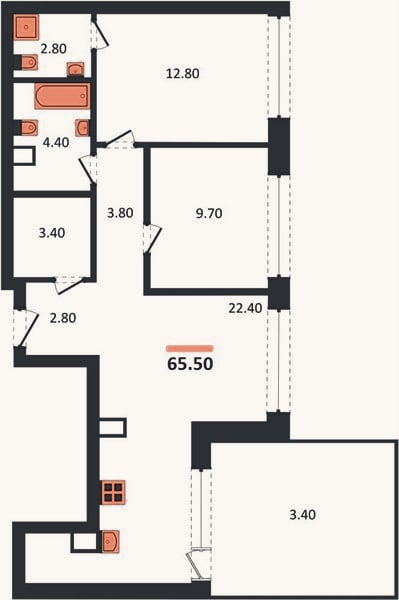 Планировка: 2-к, 65,5 м²