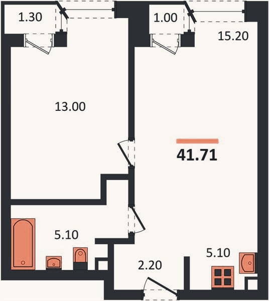 Планировка: 1-к, 41,7 м²