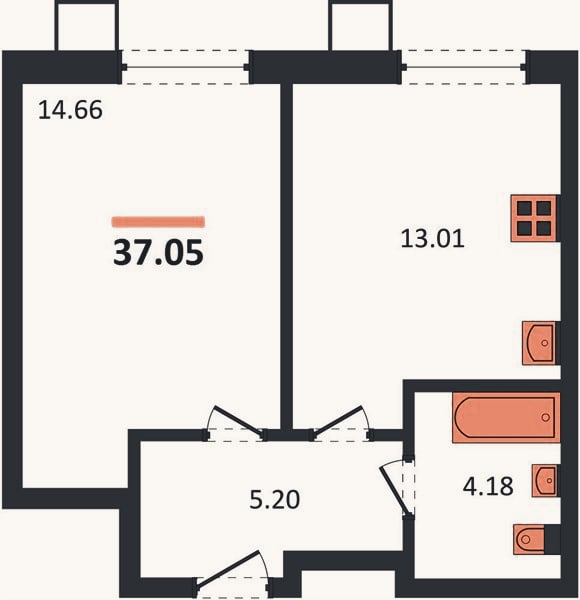 Планировка: 1-к, 37,1 м²