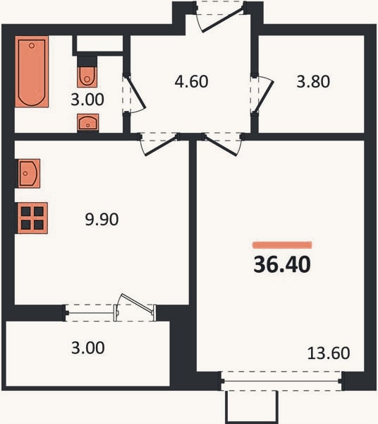 Планировка: 1-к, 36,4 м²