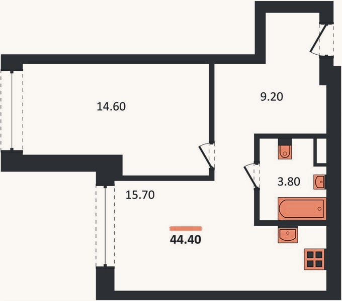 Планировка: 1-к, 44,4 м²