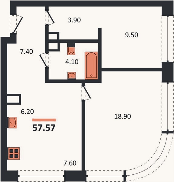 Планировка: 2-к, 57,6 м²