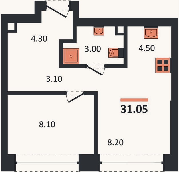 Планировка: 1-к, 31,1 м²