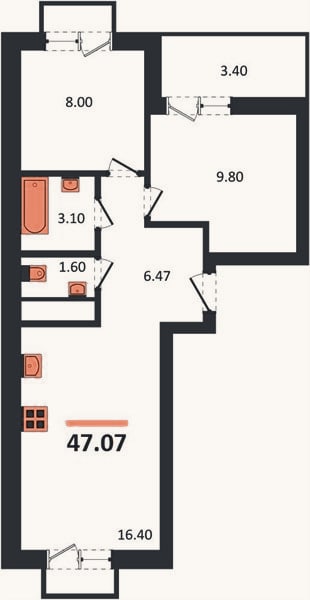 Планировка: 2-к, 47,1 м²