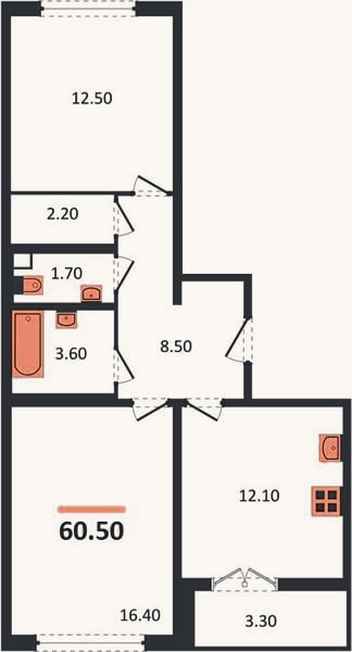 Планировка: 2-к, 60,5 м²
