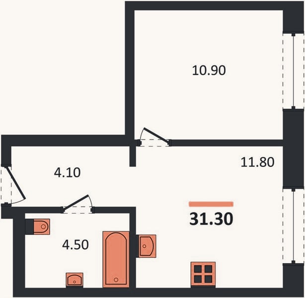 Планировка: 1-к, 31,3 м²