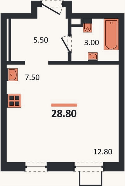 Планировка: Студия, 28,8 м²