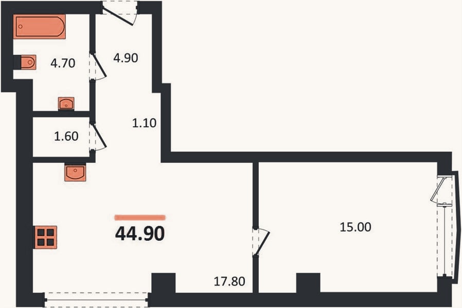 Планировка: 1-к, 44,9 м²