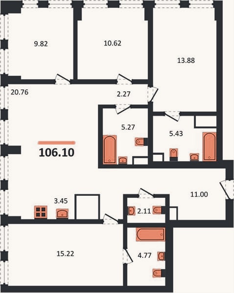 Планировка: 4+ к, 106,1 м²
